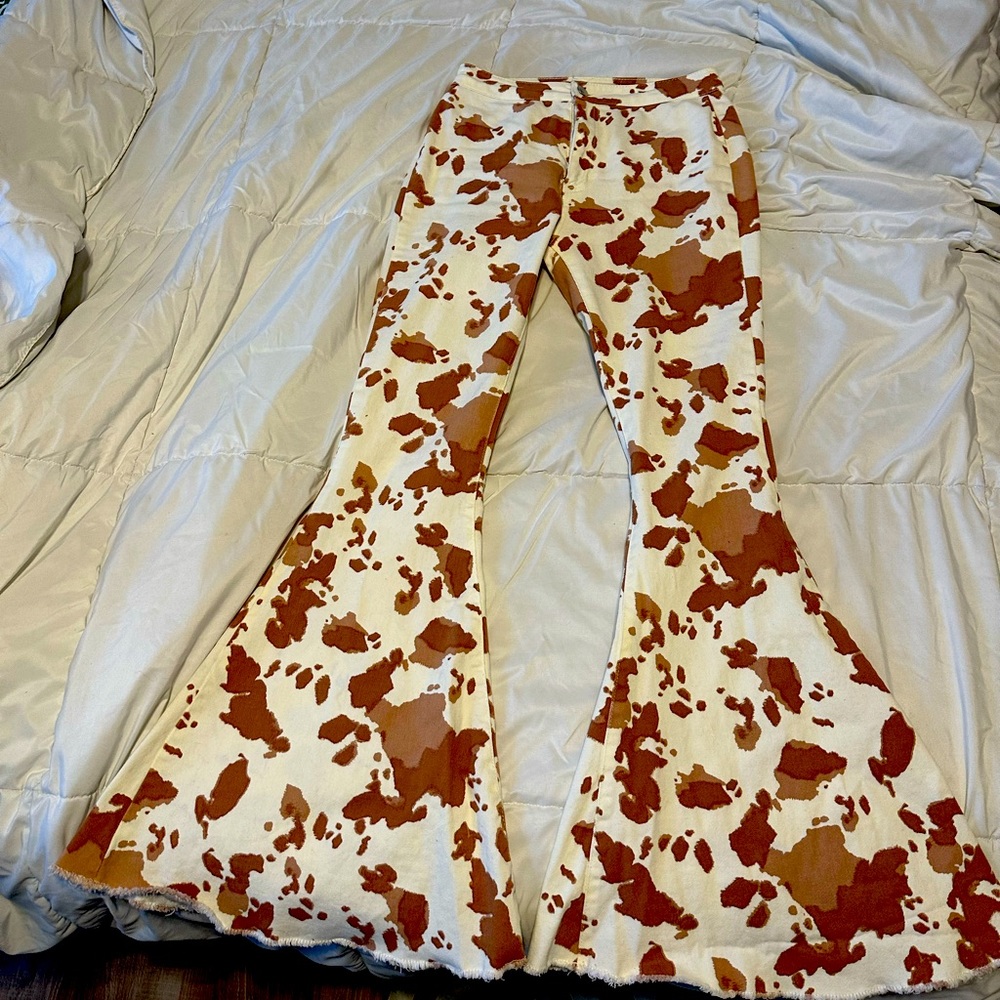 Cow print bell bottoms, brown/white, size small from alterd state!